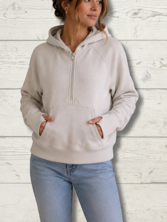 Lole Sweaters - Lole Half Zip Hoodie Sweater Medium White Beige Pullover Kangaroo Pocket